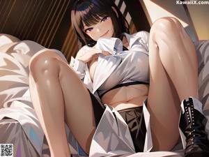 A woman in a blue bikini sitting on a bed.