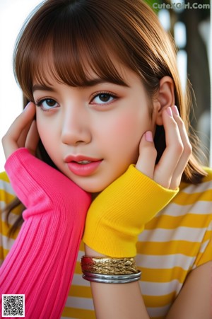 A woman in pink shorts and a yellow and white striped shirt.