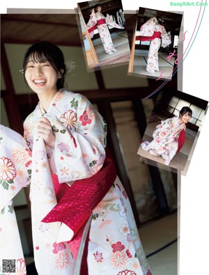 A woman in a kimono sitting on a pink pillow.