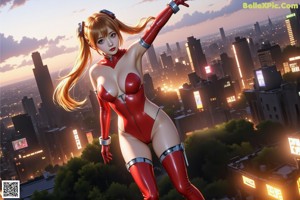A woman in a red latex outfit standing in the middle of a city.