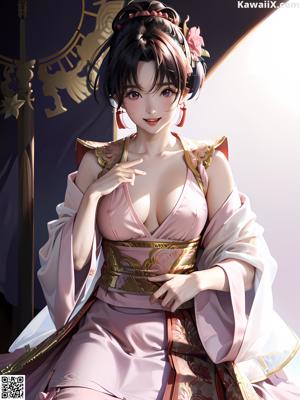 A woman in a blue and gold dress sitting on a bed.