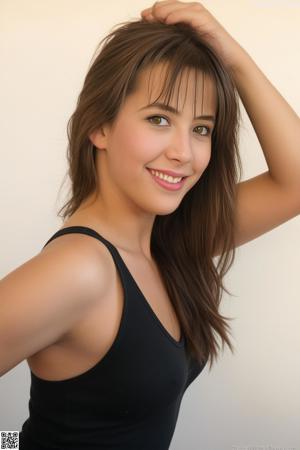 A woman in a red shirt and black stockings sitting on a bed.