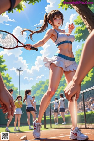 A woman holding a tennis racket on a tennis court.