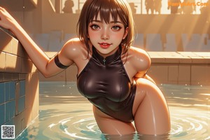 A woman in a bathing suit standing next to a swimming pool.