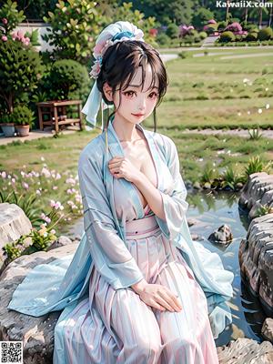 A woman in a kimono sitting on a bed.