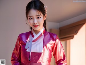 A woman in a pink and gold hanbok poses for a picture.