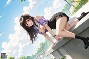 a sexy anime girl with big tits posing by the pool