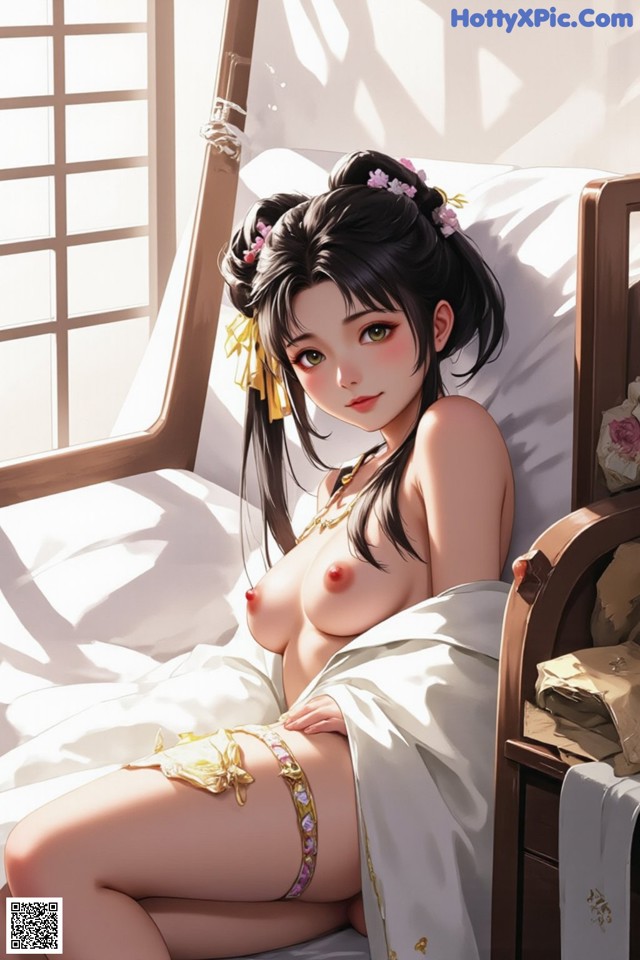 A woman with long black hair and traditional attire is seated on a bed, bathed in sunlight.