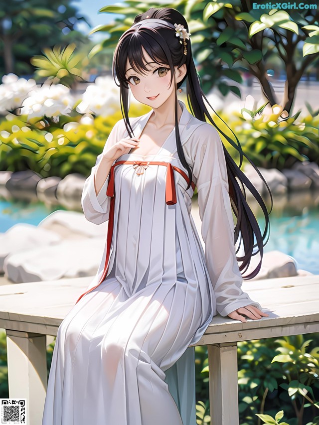 A woman in a white dress sitting on a wooden bench.