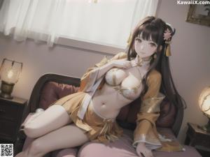 A woman in a kimono sitting on a table.