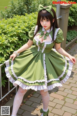 A woman in a green dress standing in front of a door.