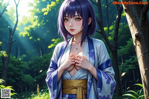 A woman in a kimono posing in the woods.