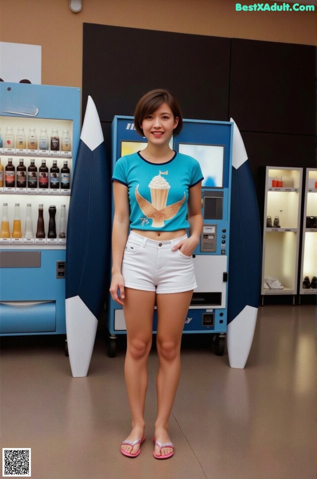 A woman standing in front of a vending machine.