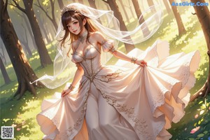 A woman in a wedding dress standing next to a tree.
