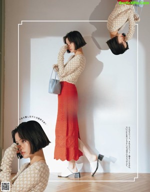 A woman in a pink shirt dress and black boots.