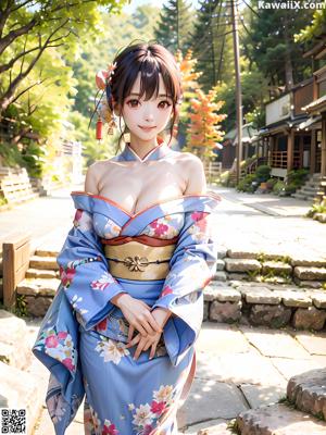 A woman in a kimono sitting on a wooden bench.