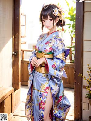 A woman in a kimono sitting on a bed.