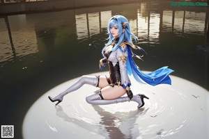 A woman with blue hair wearing a black and gold outfit.