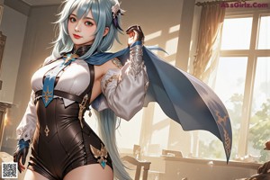 A woman with blue hair wearing a black and gold outfit.