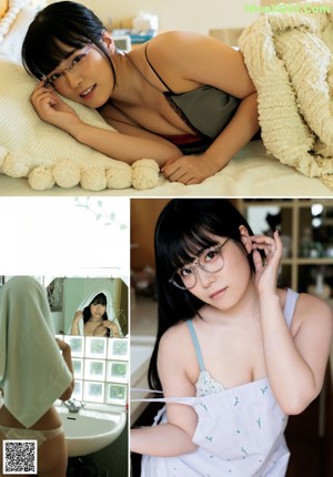 A woman wearing glasses is sitting on a couch.