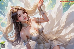 A woman in a wedding dress standing in the woods.