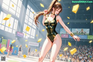 A woman in a green and yellow outfit holding a yellow ribbon.