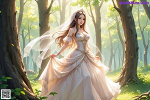 A woman in a wedding dress standing in the woods.