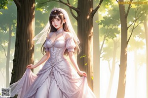 A woman in a wedding dress walking through a forest.