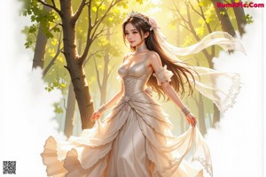 A woman in a white dress is walking in the woods.