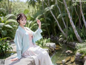 A woman in a blue and pink dress sitting on a stone wall.