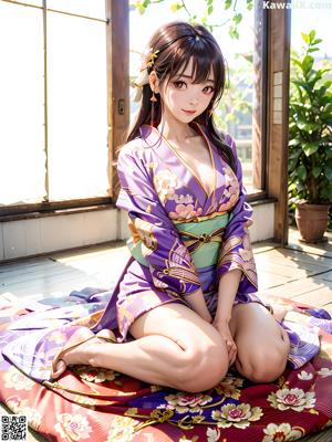 A naked woman in a kimono sitting on a wooden floor.