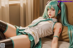 A woman with long green hair wearing a white dress.