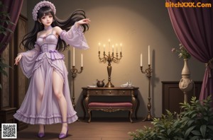 a woman in a purple dress standing in front of a window