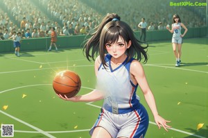 A woman in a blue and white uniform holding a basketball.