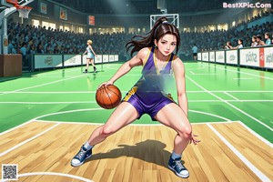 A girl in a black shirt and shorts playing basketball.