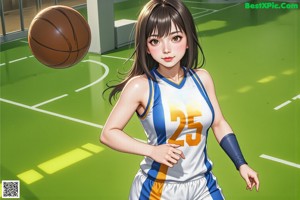 A girl in a black shirt and shorts playing basketball.