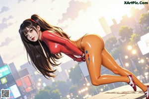 A woman in a red bodysuit and red boots posing for a picture.