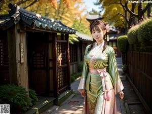 A woman in a blue kimono holding a cell phone.