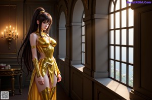 A woman in a gold outfit is posing on a couch.